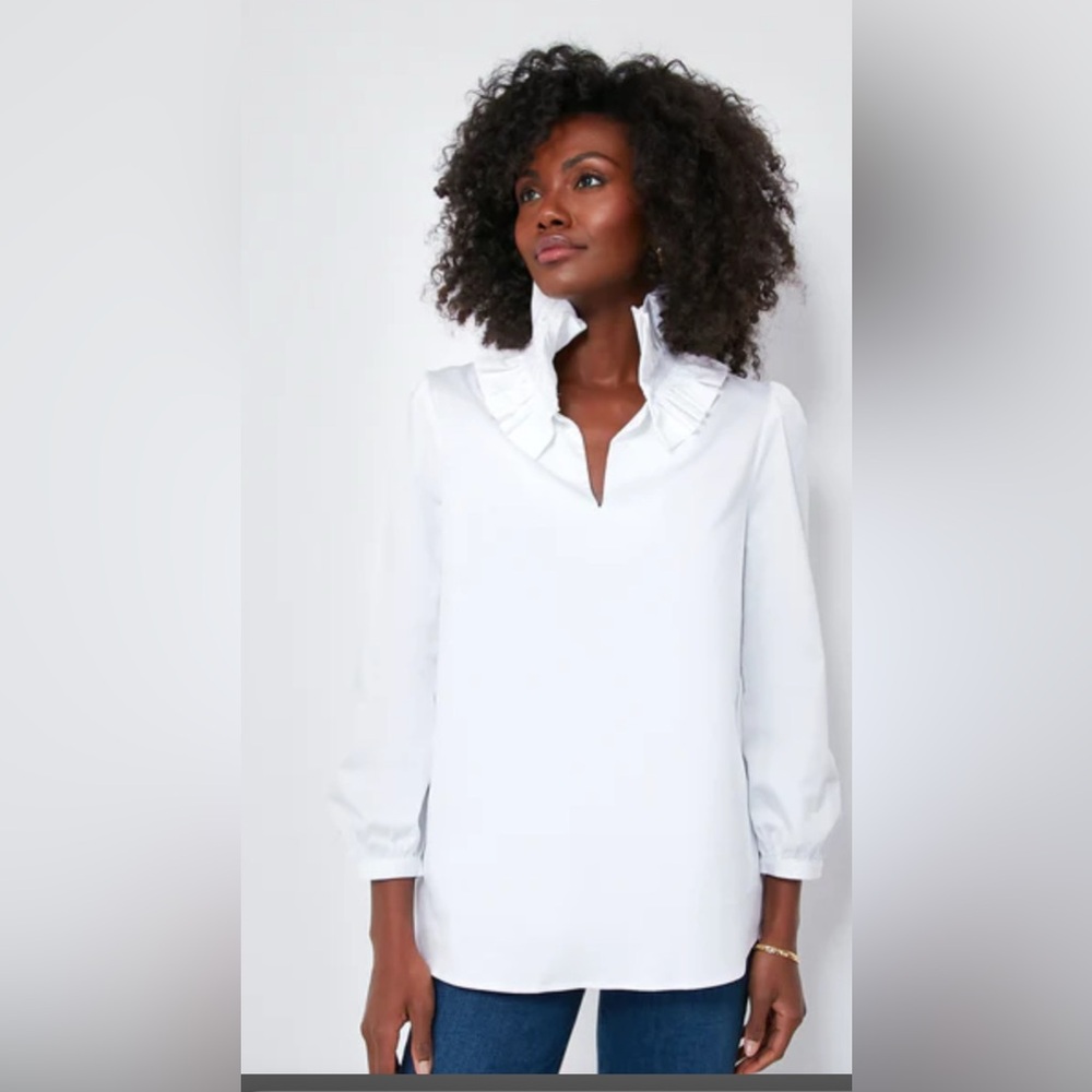 Tuckernuck White Poplin Bouvier Ruffled Bib Collar Long Sleeve Blouse